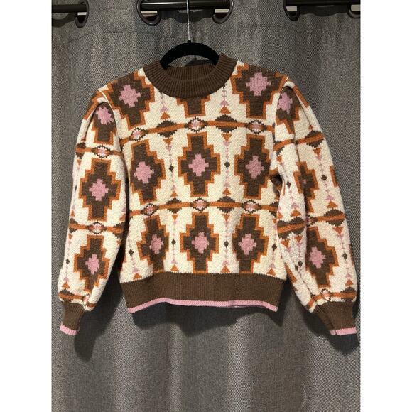 Women’s Cider Sweater Wool Multicolor Brown Pink Retro Look Pleated Shoulder- S - Picture 1 of 4